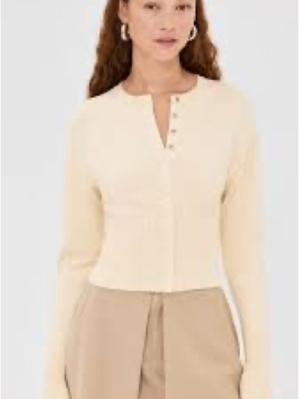 Cream Button-Front Ribbed Waist Knit Top - Picture 6 of 16